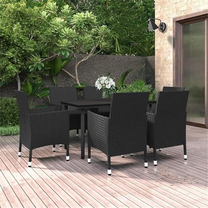 Afuera Living 7 Piece Patio Dining Set, Black PE Rattan, Powder-Coated Steel Frame, Weather-Resistant, Cushioned Seating for 6, Contemporary Outdoor Furniture for Garden, Balcony, or Terrace