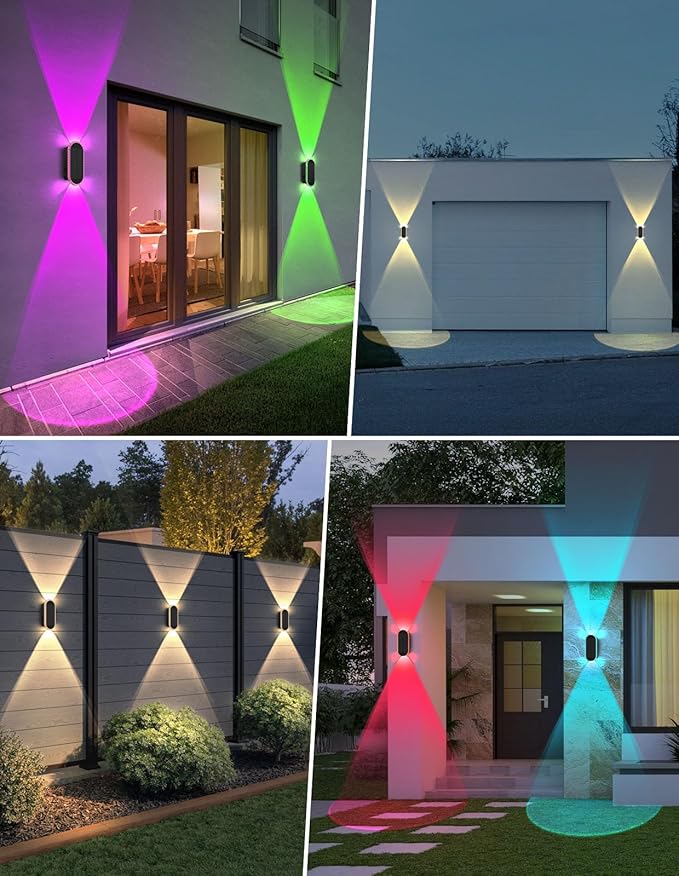 Solar Fence Lights Outdoor, Warm White & RGB 8 Modes Solar Wall Lights Outdoor Waterproof, Up&Down Dual-Head Outdoor Solar Lights for Yard House Fence Backyard Deck Garden Patio Porch, 4 PK