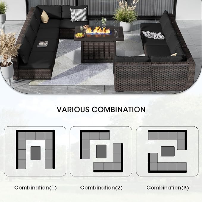 11 Pieces Patio Furniture Set with 44" Fire Pit Table, Rattan Outdoor Sectional Conversation Sets, All Weather Outdoor Furniture Set with Cushions for Garden Lawn Balcony Porch Deck Black