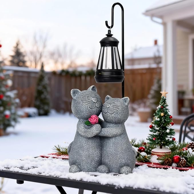 twinbling Outdoor Cat Garden Statues with Solar Lantern, Solar Lantern Cat Figurines Decor for Yard, Lawn, Porch & Patio, Unique Housewarming/Birthday Gifts for Women
