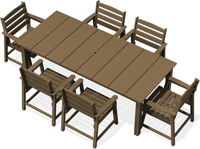 AreShark 7-Piece Outdoor Dining Set,HDPE Patio Table with 6 Armchairs,All-Weather Patio Furniture Set with Umbrella Hole,Low Maintenance Wood Grain Dining Set for Backyard,Garden,Poolside,Black