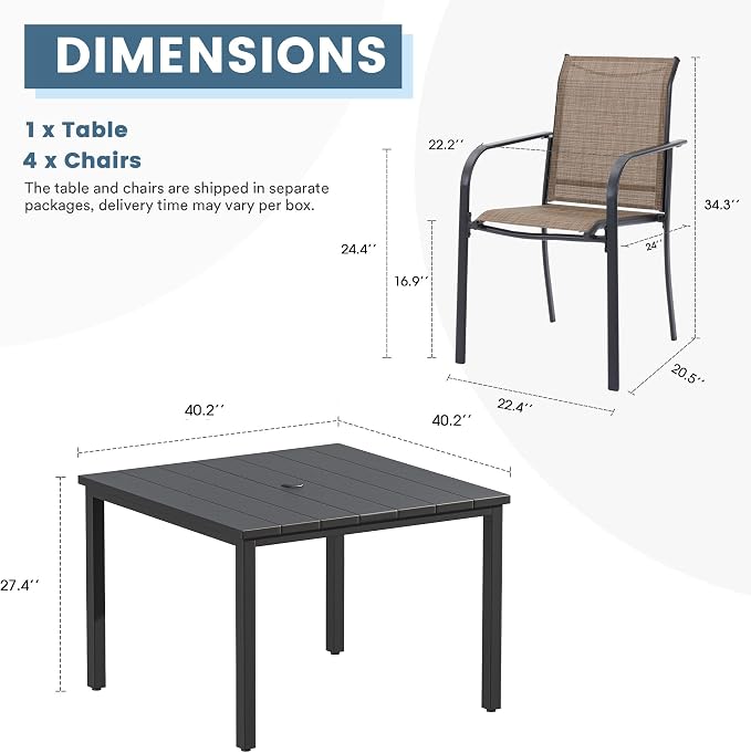 DIFY 5 Pieces Outdoor Patio Dining Set for 4, 40.2" Black Square Metal Dining Table and 4 Brown Stackable Textilene Patio Chairs, Outdoor Table and Chairs for Backyard Garden Poolside