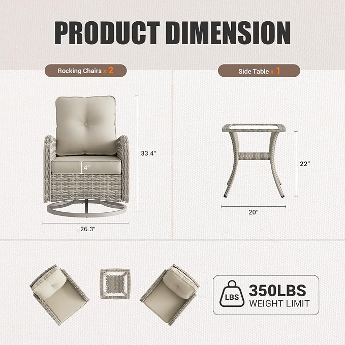 9-Piece Outdoor Patio Furniture Set with Rocking Swivel Chair Wicker Sectional Sofa Set, Patio Conversation Set with Thickened Cushions & Coffee Table for Garden, Backyard, White