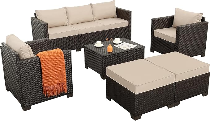 Rattan Star 6 Pieces Patio Outdoor Furniture Outdoor Conversation Sets Wicker Sofa Set with Outdoor Couch Patio Chairs Storage Coffee Table Khaki Cushions Waterproof Covers