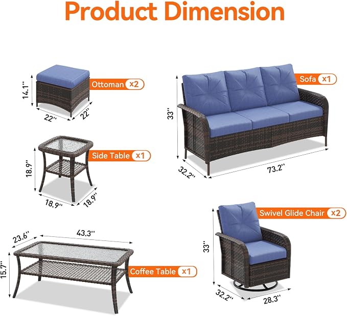 Aoxun Luxury 7-Piece Patio Furniture Set, 360° Swivel Chairs, Wicker Rattan Sofa with Thick Cushion, Outdoor Conversation Set for Backyard, Poolside & Garden, Brown/Navy Blue