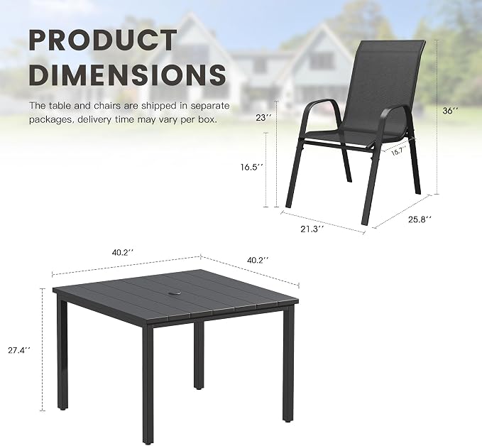 5 Pieces Outdoor Dining Set, 40.2" Square Table with Umbrella Hole & Stackable Patio Dining Chairs, Patio Table and Chairs Set for Deck Garden Porch, Black Chairs & Black Table