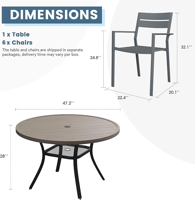 DIFY 7 Piece Outdoor Patio Dining Set for 6, Patio Table and Chairs Set with Umbrella Hole, 47.2" Round Dining Table and Stackable Metal Chairs for Backyard Garden Poolside, Grey Wood-Like & Grey