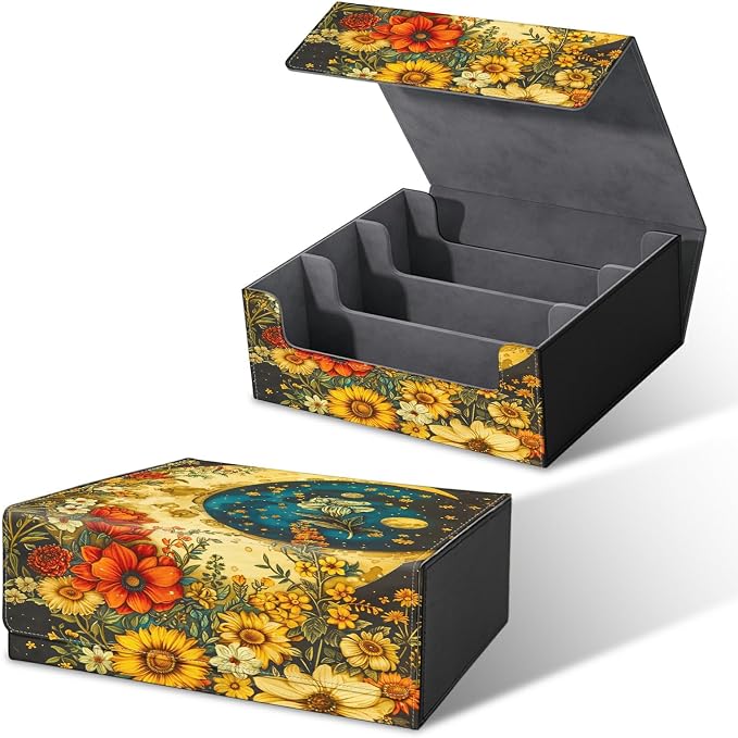 Card Deck Box for MTG, Cards Storage Box Fits 120+ Sleeved, Leather Big Size Strong Magnetic Closing Case for Board Games Magic TCG CCG Baseball Collection Women Man, Flower Big Moon