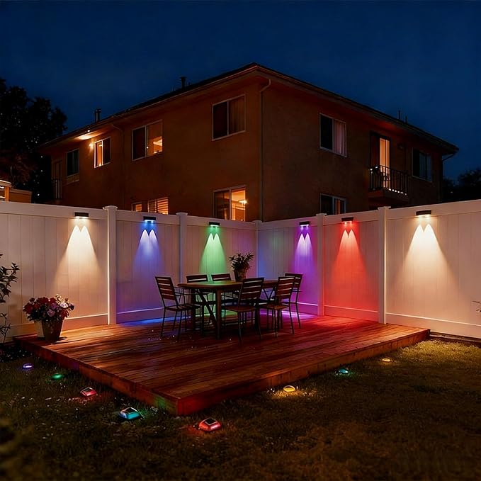Solar Fence Lights Outdoor Waterproof LED,12 Pack RGB Fence Solar Lights, 12 Modes Color Changing Outside Lightings Decor for Wall Railing Patio Deck Backyard Garden Pool