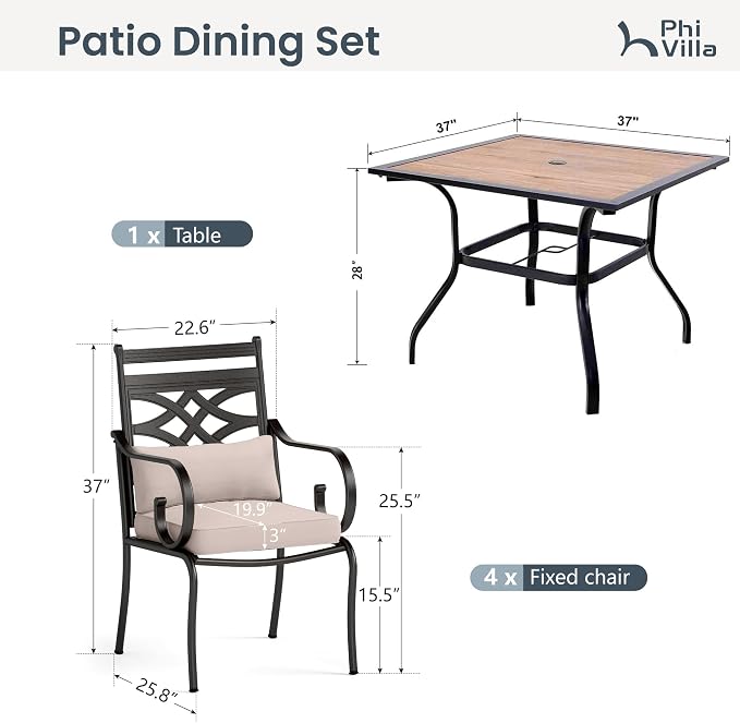 PHI VILLA Patio Dining Set, Square Metal Table | Metal chairs, Beige, Cushions, E-coated