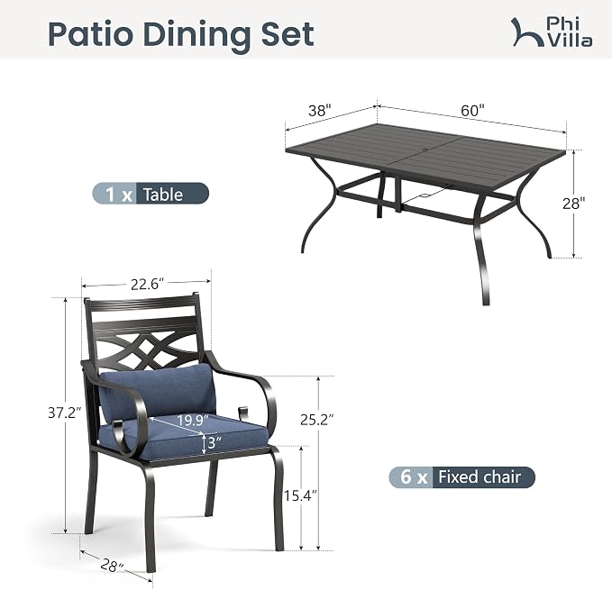 PHI VILLA Patio Dining Set, Metal Table | Metal chairs, Blue Cushion, Umbrella Hole, Cushions, E-coated