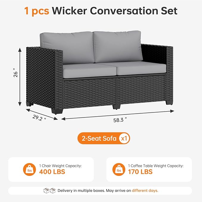 LazySunsets 1-Piece Outdoor Patio Furniture Set, Rattan Outdoor Sectional with Thick Waterproof Cushions, Waterproof Cover, Patio Conversation Set for Garden, Backyard, Porch, Grey