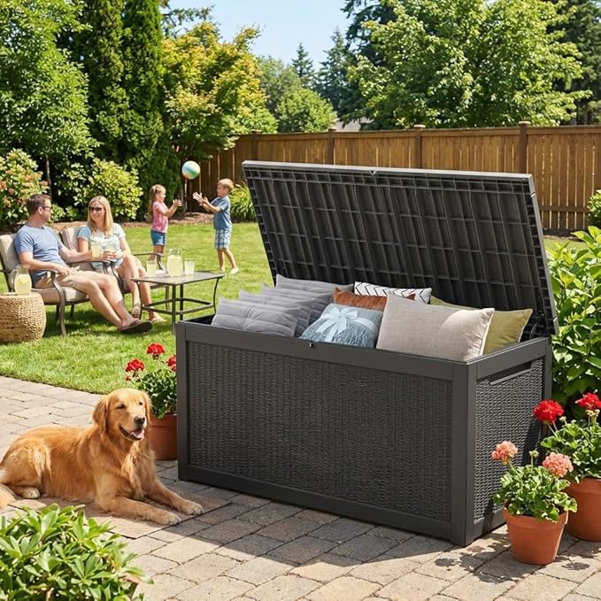 TARKARI 330 Gallon Outdoor Storage Box Waterproof, Resin Deck Boxes with Lockable Lid & UV-Resistant for Patio, Pool, Garden Furniture Cushions & Accessories, Black
