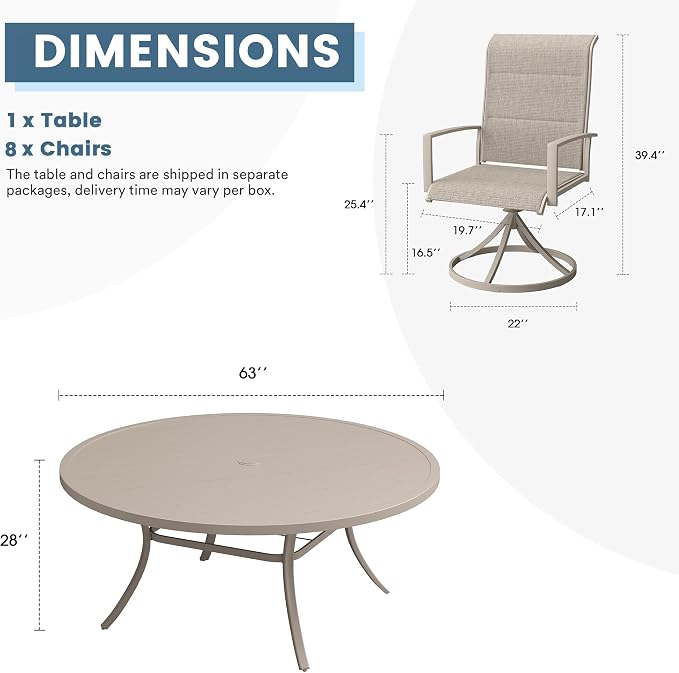 DIFY 9 Piece Outdoor Patio Dining Set for 8, 63" Round Metal Dining Table and Swivel Patio Chairs with Padded Textilene, All-Weather Outdoor Furniture Set for Garden Backyard Porch, Sandshell