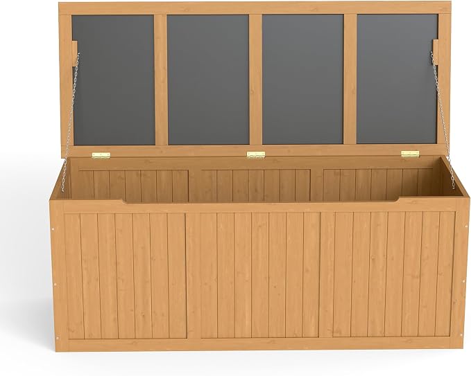 112 Gallon Outdoor Wooden Deck Box Solid Wood Storage Box Seat Table Top for Patio Furniture Cushions, Pool Toys Garden Tools