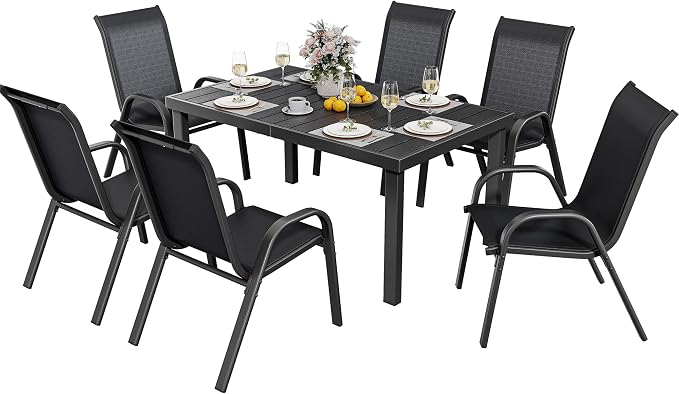 YITAHOME Stackable Patio Dining Set for 8, Breathable Outdoor Dining Set w/75 Aluminum Patio Table & 8 Stackable Patio Chairs Set, All Weather Outdoor Patio Dining Set for Backyard Deck Porch, Black