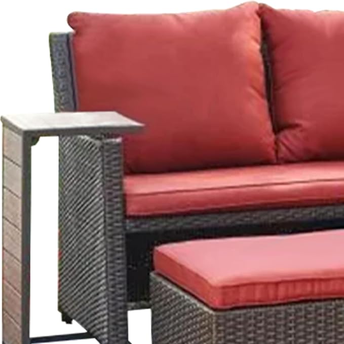 Four Seasons Courtyard Redington All-Weather Chic 3 Piece Outdoor Patio Seating Furniture Set with Cushioned Loveseat, Side Table, and Ottoman, Red