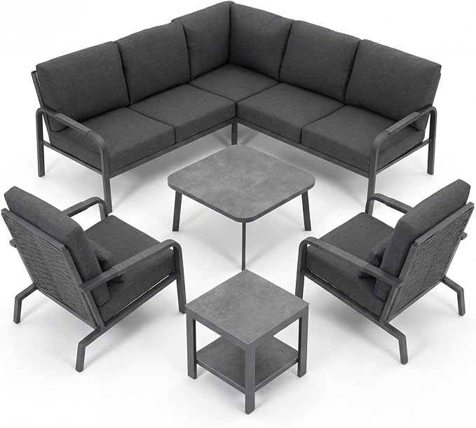 5-Piece Aluminum Patio Furniture Set, Outdoor L-Shaped Sectional Sofa with Coffee Table & Side Table, Patio 3-Piece Sofa Set, Thick Waterproof Cushions, Modern Outdoor Conversation Set, Gray