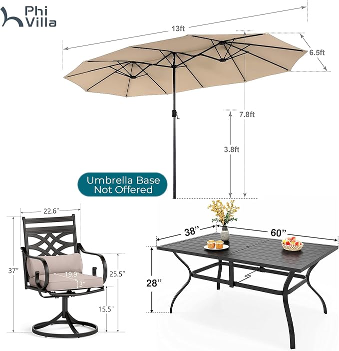 PHI VILLA 6 Piece, Outdoor Dining Set, Rectangular Metal Table,Umbrella | 15ft Umbrella, Swivel Chairs, Cushions