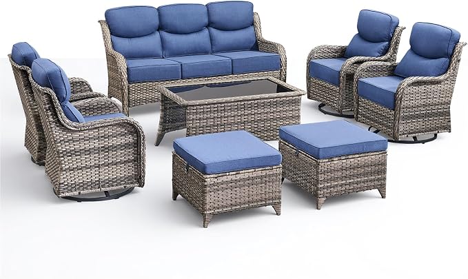 Luxury 8 Pieces Outdoor Patio Furniture Set-All Weather Wicker Swivel Rocker Patio Chairs with 6" Thick Cushion Rattan Sofa Coffee Table, Outdoor Conversation for Garden Porch Backyard(Grey/Blue)