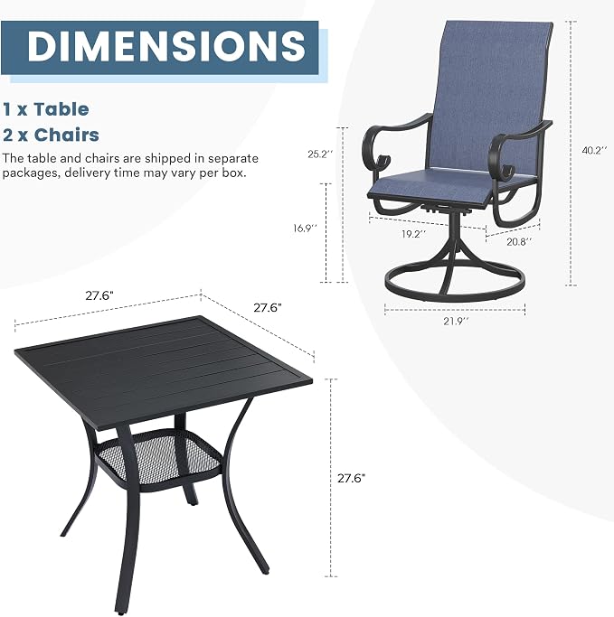 DIFY 3 Pieces Outdoor Patio Dining Set for 2, 27.6" Small Black Square Metal Dining Table and 2 Blue Swivel Patio Dining Chairs, Outdoor Table and Chairs for Backyard Porch Poolside