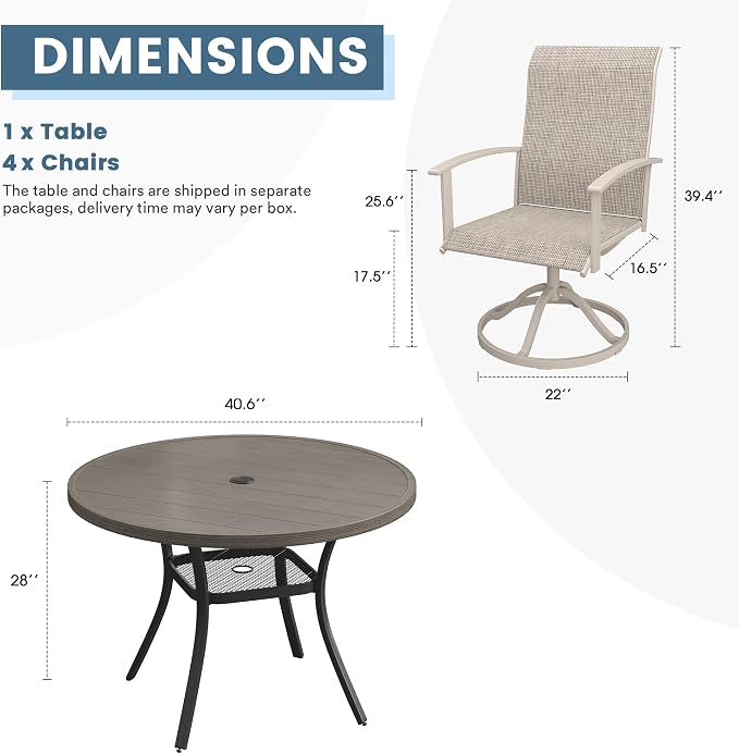 DIFY 5 Pieces Outdoor Dining Set for 4, 40.6" Grey Wood-Like Round Metal Table with Umbrella Hole and Sandshell Textilene Swivel Patio Chairs, Patio Table and Chairs Set for Garden, Backyard, Poolside