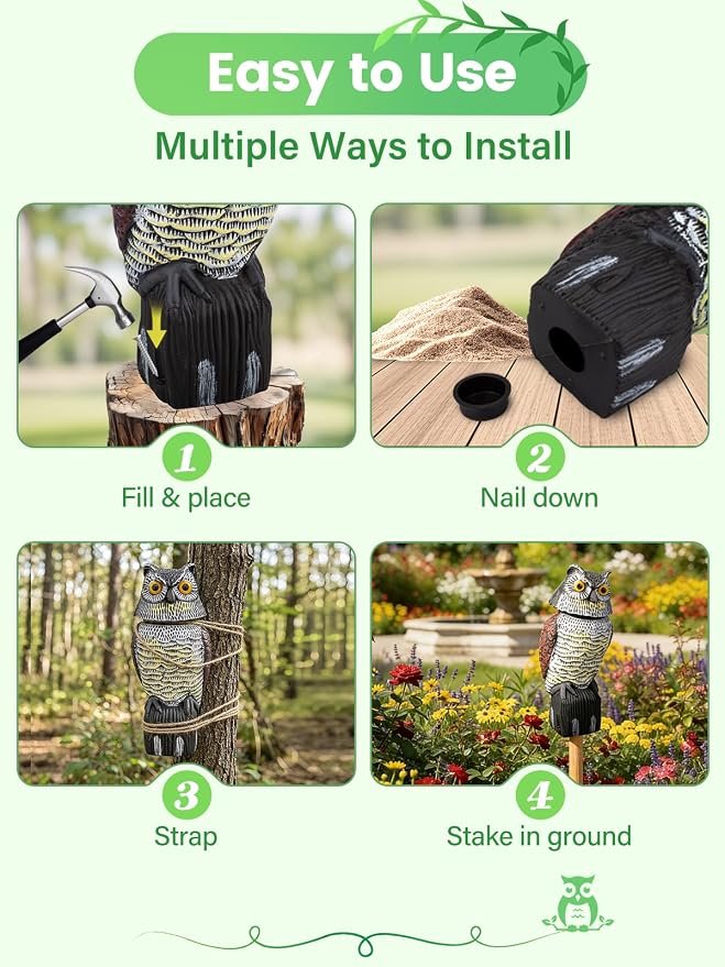 Owl Decoys to Scare Birds Squirrels Away, 360 Rotating Head Activated | Fake Owl Statues Repellent Pest Hawk Squirrel Cats Chickens Pigeon Bird Deterrents for Outside Garden Patios Backyard