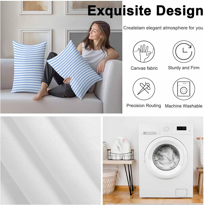 Lumbar Pillow Covers 20x12 Inch Set of 2, Blue White Stripe Waterproof Outdoor Cushion Covers, Modern Minimalist Geometric Striped Decorative Pillowcases for Couch, Sofa, Bed, Garden, Patio