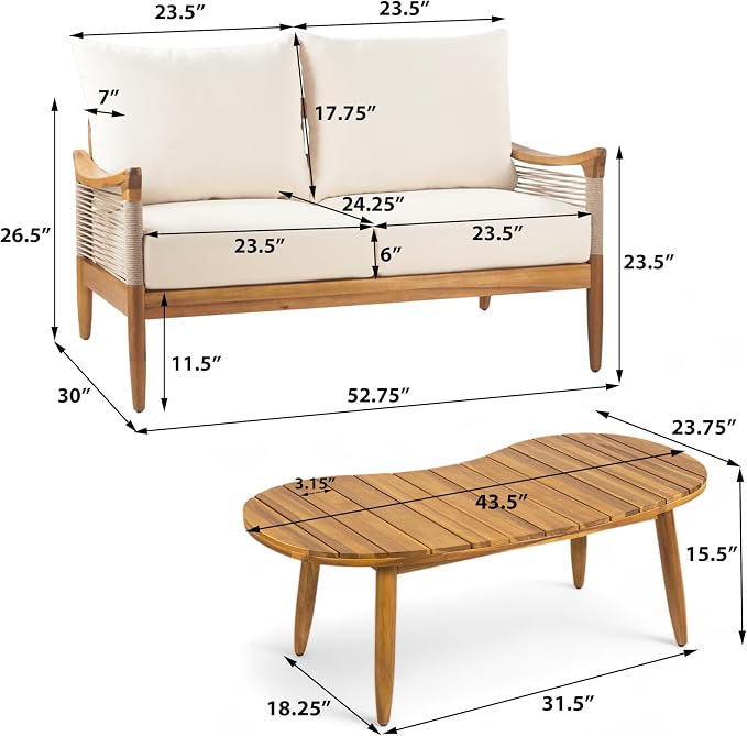 Christopher Knight Home Heidi Acacia Wood 5 Piece Patio Furniture Set 7-Seater Outdoor Loveseat, 3-Seater Sofa, Club Chairs and Coffee Table, Patio Conversation Set With Woven Rope Accents, Teak+Beige