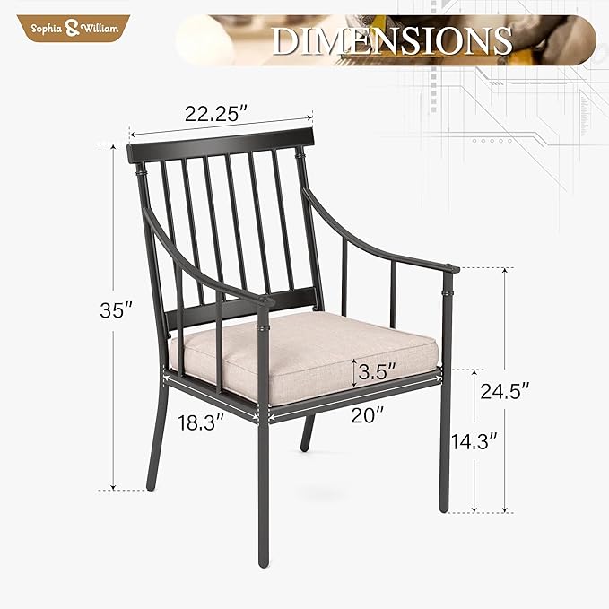 Sophia & William Patio Dining Chairs, Set of 6, Padded Cushions, Steel | E-Coated, All-Weather, Breathable, 300 lb Capacity