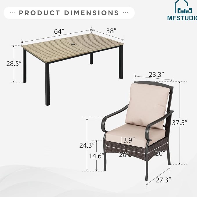 MFSTUDIO Outdoor Patio Dining Set for 6, Outdoor Table and Chairs for 6, Patio Rectangular Metal Table with Chairs, 7 Pieces Outdoor Dining Furniture Set, Woodlike Tabletop, 1.6-2'' Umbrella Hole