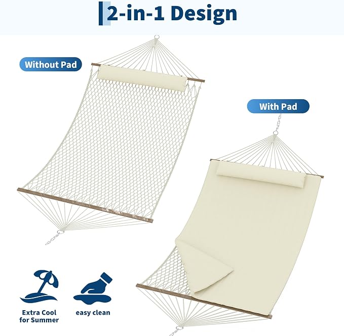 Takywep 2 Person Hammock with Polyester-Cotton Pad, 12FT Double Hammock with Wooden Spreader Bar, Removable Pillow, 450LBS Capacity, 2-in-1 Outdoor Hammock for Patio, Garden, Beach (No Stand)