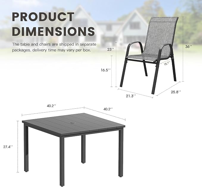 5 Pieces Outdoor Dining Set, 40.2" Square Table with Umbrella Hole & Stackable Patio Dining Chairs, Patio Table and Chairs Set for Deck Garden Porch, Grey Chairs & Dark Grey Table