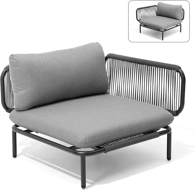 Patio Furniture Set, Outdoor Patio Furniture Oversized Metal Single Sofa, 1-seat Conversation Set with Cushion for Indoor and Outdoor, Black Frame and Dark Grey Mat (1 Seat 2 Armrests)