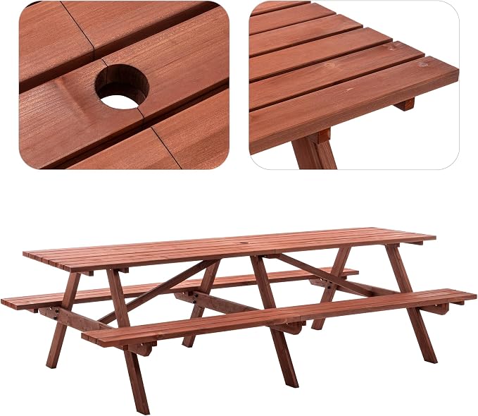 94.5'' Large Outdoor Dining Table, Rectangular Wooden Patio Dining Table & 2 Built-in Bench for 12, 2" Umbrella Hole, Suitable for Backyard Garden Porch, Brown