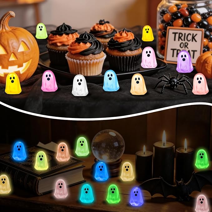 132 Pcs Halloween Luminous Mini Ghost Figures 9 Colors Glow in the Dark Tiny Little Resin Ghost Statues Miniature Figurines for Halloween Vase Filler Micro Landscape Fairy Garden Party Decor