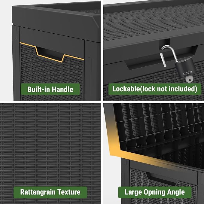 Mars Villa 60 Gallon Deck Box with Seat, Resin Outdoor Storage Box Waterproof, Lockable Lid, Weatherproof and UV Resistant, for Patio Furniture Cushions, Pool Supplies, Garden Tools, Black