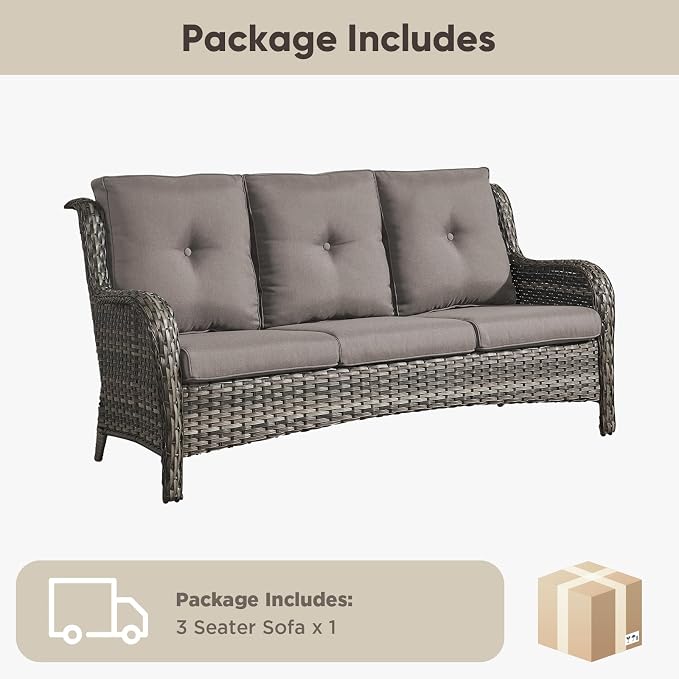 Belord Patio Sofa Luxury PE Wicker 3-Seater Outdoor Couch, Modern All-Weather High Back Deep Seat Woven Furniture Set for Porch, Deck, Balcony, Backyard - Grey/Grey