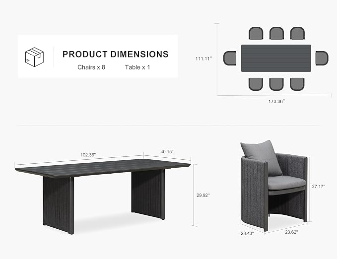 PURPLE LEAF 102-Inch Aluminum Patio Dining Set for Luxury Homeowners, 9-Piece Outdoor Furniture Rectangular Table and Chairs Set with Olefin Cushions and Pillows for Backyard Poolside Hosting Grey