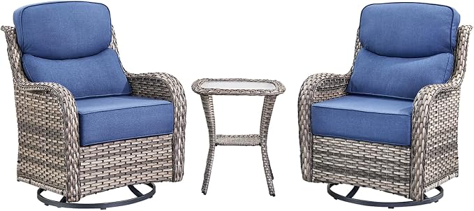 Luxury Outdoor Swivel Rocker Patio Chairs Set of 3, High Back Swivel Patio Chairs with Side Table & 6-Inch Thick Cushions, Wicker Outdoor Bistro Set for Porch, Yard, Deck, Poolside, Grey/Blue