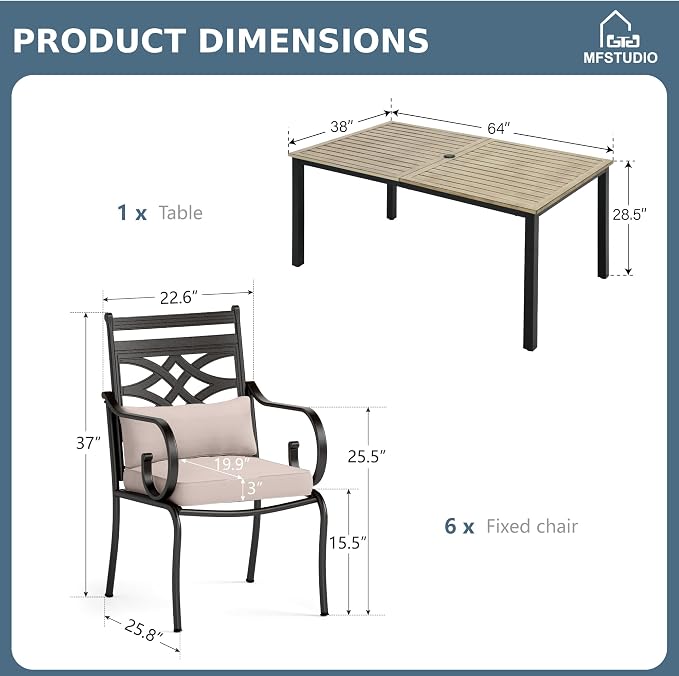 MFSTUDIO 7 PCS, Patio Dining Set, 64"×38", Umbrella Hole | Steel, Wood, Weather resistant, Removable cushions