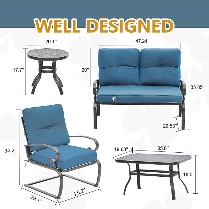 Skiway Outdoor Metal Funiture Set 5Pcs Patio Conversation Set Loveseat, 2 Spring Chairs with Coffee Table and Peacock Blue Cushions, Wrought Iron Look