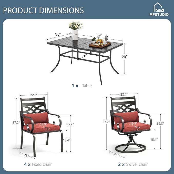 MFSTUDIO 7 PCS, Patio Dining Set, 59"×35", 4 Swivel Chairs, Umbrella Hole | Red, Steel, Metal, E-coated frame