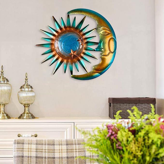 LIFFY Sun Metal Outdoor Wall Decor - 3D Sun Moon Metal Wall Sculpture - Hanging Decoration Gift Ideal for Celestial Decor Home Accent, Bedroom, Garden, Patio, Farmhouse - Lively and Vibrant