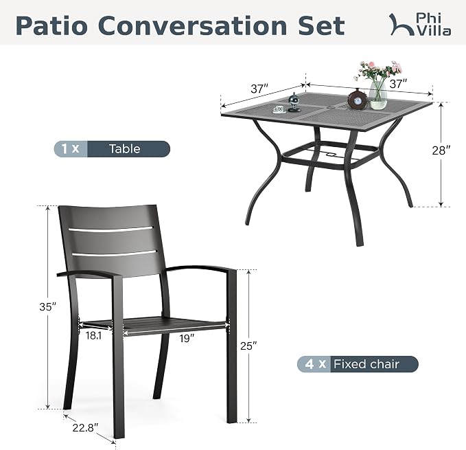 PHI VILLA Patio Dining Set for 4, Stackable Chairs& Square Metal Table | 37" Black Table&Stackable Wrought Iron Chairs,Outside Furniture Set for Deck, Porch, Backyard