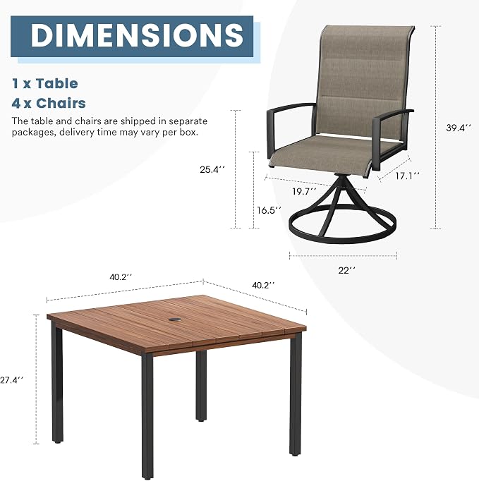 DIFY 5 Piece Outdoor Patio Dining Set for 4, 40.2" Walnut Square Metal Dining Table and Swivel Patio Chairs with Brown Padded Textilene, All-Weather Outdoor Furniture Set for Garden Backyard Porch