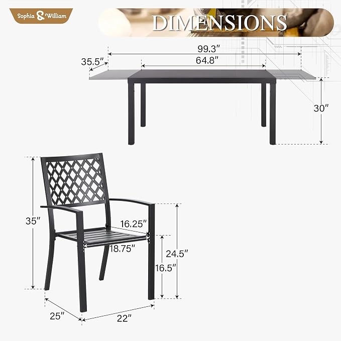 Sophia & William Patio Table and Chairs Set, Outdoor Dining Set for 8, 9 Piece Metal Patio Furniture, 99" Expandable Black Rectangular Table(Diamond)