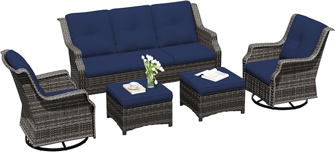 5 Pieces Patio Furniture Set, Outdoor Furniture Set with 2 Patio Swivel Rocking Chairs, 2 PE Rattan Ottoman, 1 Outdoor Wicker Sofa with Thick Cushions, Ideal for Backyard, Garden, Poolside, Blue