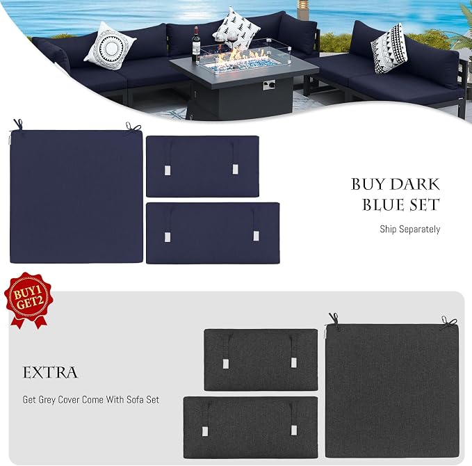 BULEXYARD 9 Pcs Oversized Contemporary Aluminum Patio Furniture Set, All Weather Modular Sectional Sofa with Tanning Chair & Fireplace, 500 lbs Heavy Duty Comfy Outdoor Couch for Beach Deck, Navy Blue
