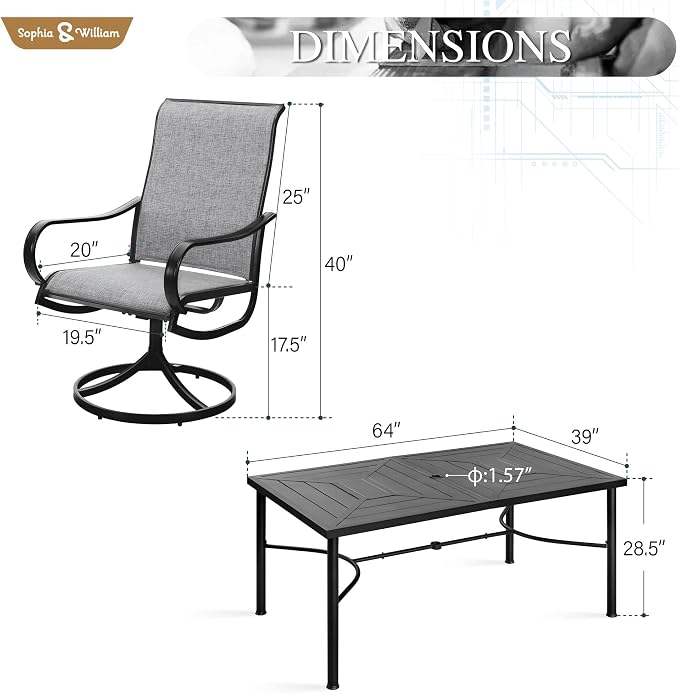 Sophia & William Outdoor Dining Set Patio Dining Set for 6 Outdoor Table and Chairs 7 Pieces Outdoor Patio Set with Swivel Patio Chairs 64" Metal Table for Garden Pool All Weather Grey
